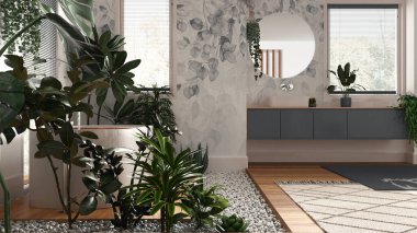 Biyofili iç tasarımı, beyaz ve gri tonlarda ahşap banyo ve birçok ev bitkisi. Serbest banyo küveti ve lavabo. Şehir ormanı fikri