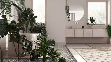 Biyofili iç tasarımı, beyazlatılmış ahşap banyo beyaz ve bej tonlarında birçok ev bitkisi. Serbest banyo küveti ve lavabo. Şehir ormanı fikri