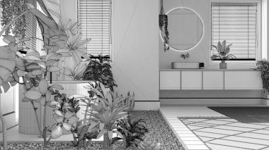 Tamamlanmamış proje taslağı, biyofili iç tasarımı, bir sürü bitkisi olan ahşap banyo. Serbest banyo küveti ve lavabo. Şehir ormanı fikri