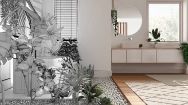 Mimari iç mimar konsepti: gerçek hale gelen el yapımı taslak proje, biyofili iç tasarımı, birçok ev bitkisine sahip ahşap banyo. Kentsel orman tarzı