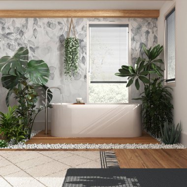 Modern ahşap banyo, beyaz ve gri tonlarda, küvetli ve birçok çiçekli. Biyofili konsepti. Kentsel orman iç tasarımı