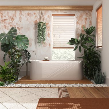 Modern ahşap banyo, beyaz ve turuncu tonlarda, küvetli ve birçok çiçekli. Biyofili konsepti. Kentsel orman iç tasarımı