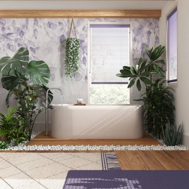 Modern ahşap banyo, beyaz ve mor tonlarda, küvetli ve birçok çiçekli. Biyofili konsepti. Kentsel orman iç tasarımı