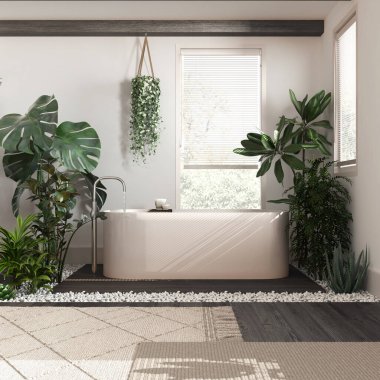 Modern siyah ahşap banyo, beyaz ve bej tonlarda, küvetli ve birçok çiçekli. Biyofili konsepti. Kentsel orman iç tasarımı
