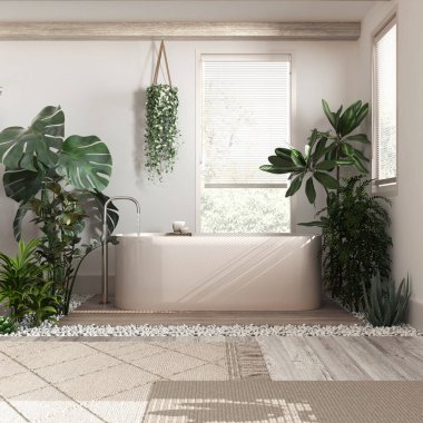 Modern beyazlatılmış ahşap banyo, beyaz ve bej tonlarda, küvetli ve birçok çiçekli. Biyofili konsepti. Kentsel orman iç tasarımı