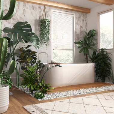 Beyaz ve bej renkte ahşap banyo ve serbest banyo küveti. Venedik panjurlu pencereler. Biyofilik konsept, birçok ev bitkisi. Kentsel orman iç tasarımı