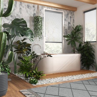 Tahta banyo beyaz ve gri tonlarda ve serbest küvetli. Venedik panjurlu pencereler. Biyofilik konsept, birçok ev bitkisi. Kentsel orman iç tasarımı