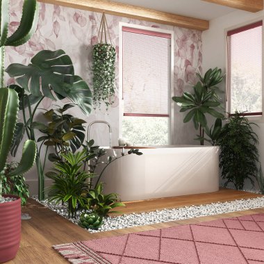 Tahta banyo beyaz ve kırmızı tonlarda ve serbest küvetli. Venedik panjurlu pencereler. Biyofilik konsept, birçok ev bitkisi. Kentsel orman iç tasarımı