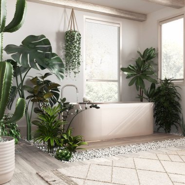 Beyazlatılmış ahşap banyo beyaz ve bej renkte ve serbest küvetli. Venedik panjurlu pencereler. Biyofilik konsept, birçok ev bitkisi. Kentsel orman iç tasarımı