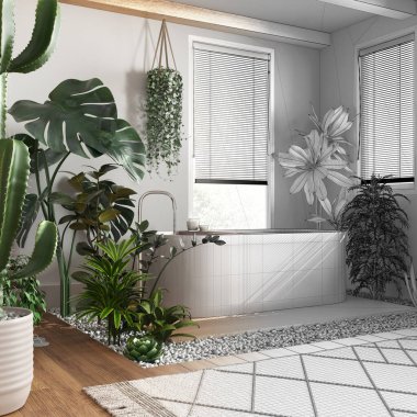 Mimari iç mimar konsepti: elle çizilmiş, tamamlanmamış bir proje, küvetli ahşap banyo. Biyofilik konsept, birçok ev bitkisi. Kentsel orman tarzı