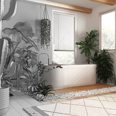 Mimari iç mimar konsepti: elle çizilmiş, tamamlanmamış bir proje, küvetli ahşap banyo. Biyofilik konsept, birçok ev bitkisi. Kentsel orman tarzı