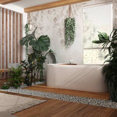 Biyofili iç tasarımı, beyaz ve bej tonlarda ahşap banyo ve birçok ev bitkisi. Parke ve serbest küvet. Şehir ormanı fikri