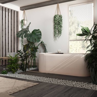 Biyofili iç tasarımı, koyu ahşap banyo beyaz ve bej tonlarında birçok ev bitkisi. Parke ve serbest küvet. Şehir ormanı fikri
