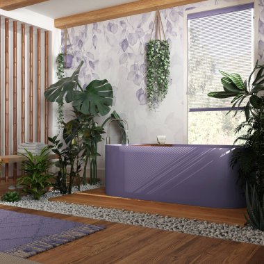 Biyofili iç tasarımı, beyaz ve mor tonlarda ahşap banyo ve birçok ev bitkisi. Parke ve serbest küvet. Şehir ormanı fikri