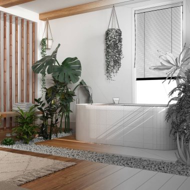 Mimari iç mimar konsepti: elle çizilmiş, tamamlanmamış bir proje, biyofili, birçok ev bitkisi olan ahşap banyo. Şehir ormanı fikri