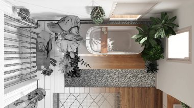 Mimar iç mimar konsepti: elle çizilmiş, tamamlanmamış bir proje, birçok ev bitkisinin olduğu ahşap bir banyo haline geliyor. Şehir ormanı konsepti, üst görünüm, plan, yukarıda