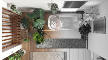 Mimar iç mimar konsepti: elle çizilmiş, tamamlanmamış bir proje, birçok ev bitkisinin olduğu ahşap bir banyo haline geliyor. Şehir ormanı konsepti, üst görünüm, plan, yukarıda