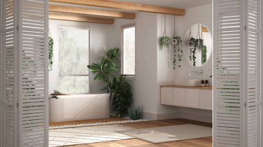 Sürdürülebilir modern banyoda beyaz katlanabilir kapı açılıyor. Küvet ve birçok ev bitkisi, mimar tasarımcısı konsepti, kentsel orman iç tasarımı.
