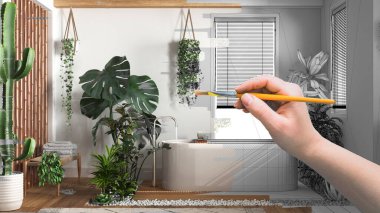 Taslak proje taslağı, kentsel orman tarzında banyo ve ev bitkileri olan modern banyonun taslağı, tasarım konsepti fikri, kanepe ve bitkiler, biyofilik konsept