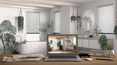 Mimari tasarımcı masaüstü konsepti, ahşap çalışma masasında iç tasarım projesini gösteren dizüstü bilgisayar, taslak geçmişi, küvetli banyo ve birçok ev bitkisi.