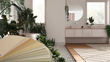 Renk paleti yakın çekim örneği. İç tasarım sahnesinin üzerine boya seçme kataloğu. Küvetli banyo ve orman tarzında bitkiler, bir sürü ev bitkisi.