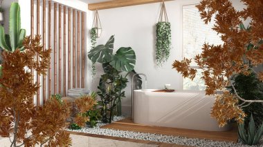 Turuncu sarı ve kırmızı sonbahar yaprakları, iç tasarım sahnesinde ağaç dalı. Doğal ekoloji kavramı. Küvetli banyo ve bir sürü ev bitkisi. Kentsel orman tasarımı