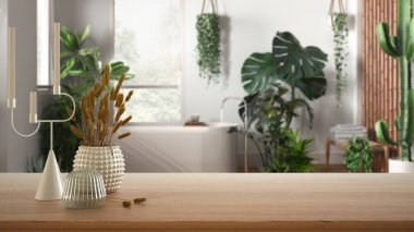 Ahşap masa, masa ya da raf seramik ve cam vazolarla kaplıdır. Kuru bitkiler, küvetli pipetler ve birçok ev bitkisi, kentsel orman iç tasarımı konsepti.