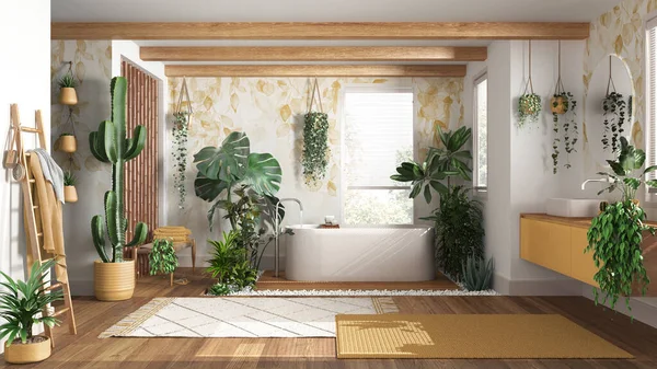 Urban jungle interior design, wooden bathroom in white and yellow tones with many houseplants. Freestanding bathtub and washbasin. Biophilic concept idea