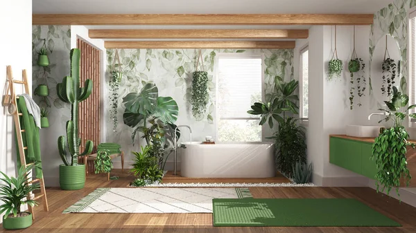Urban Džungle Design Interiéru Dřevěná Koupelna Bílých Zelených Tónech Mnoha — Stock fotografie