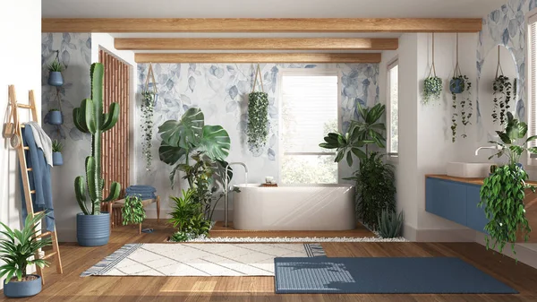 Urban jungle interior design, wooden bathroom in white and blue tones with many houseplants. Freestanding bathtub and washbasin. Biophilic concept idea