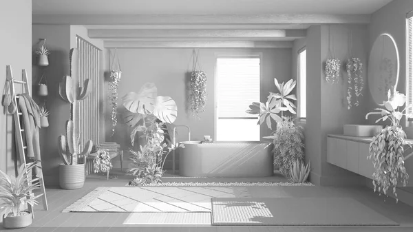Total white project draft, urban jungle interior design, bathroom with many houseplants. Freestanding bathtub and washbasin. Biophilic concept idea