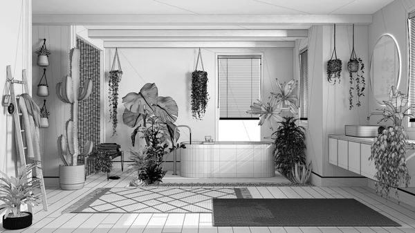 Blueprint unfinished project draft, urban jungle interior design, bathroom with many houseplants. Freestanding bathtub and washbasin. Biophilic concept idea