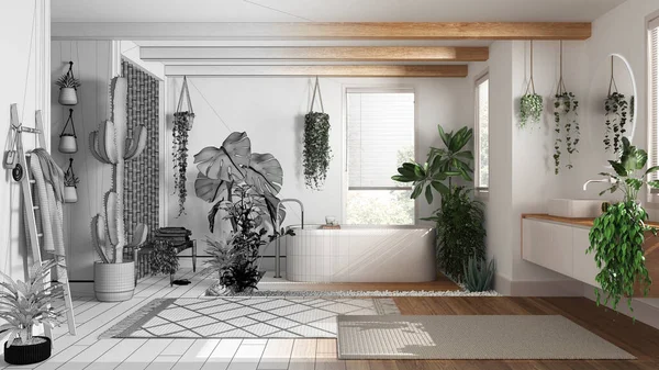 Architect interior designer concept: hand-drawn draft unfinished project that becomes real, urban jungle, bathroom with many houseplants. Biophilic concept idea
