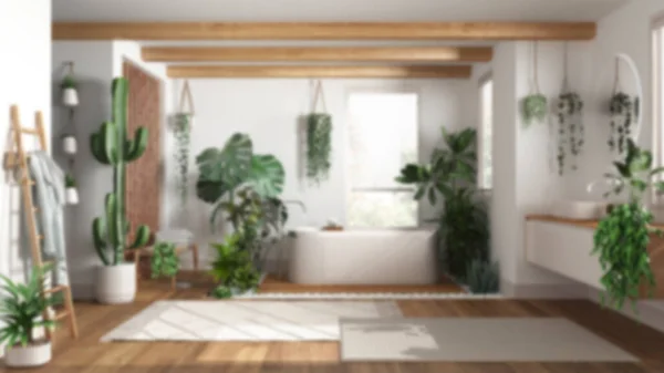Wazige Achtergrond Stedelijke Jungle Interieur Badkamer Met Veel Kamerplanten Vrijstaand — Stockfoto