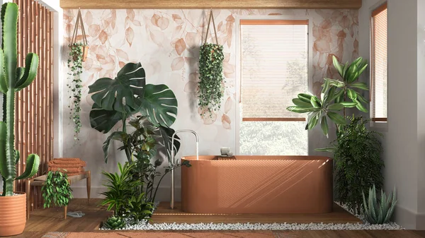 Beyaz ve turuncu tonlarda modern ahşap banyo ve serbest banyo küveti. Biyofilik konsept, birçok ev bitkisi. Kentsel orman iç tasarımı
