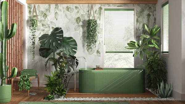 stock image Modern wooden bathroom in white and green tones with freestanding bathtub. Biophilic concept, many houseplants. Urban jungle interior design