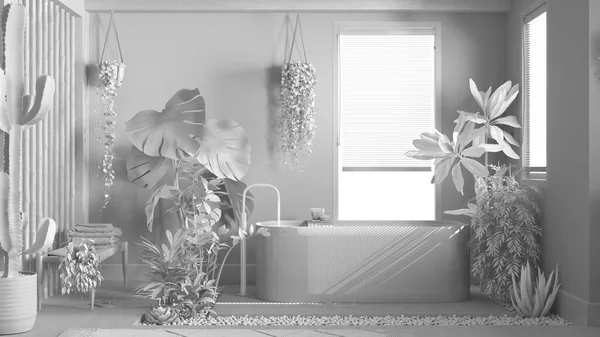 Projeto Branco Total Moderno Banheiro Madeira Com Banheira Autônoma Conceito — Fotografia de Stock