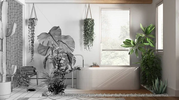 Architect interior designer concept: hand-drawn draft unfinished project that becomes real, modern bathroom with bathtub. Biophilic concept, many houseplants. Urban jungle style