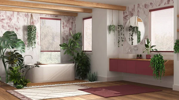 Modern Fürdőszoba Fehér Piros Tónusú Káddal Mosdóval Parketta Szőnyegek Biofil — Stock Fotó