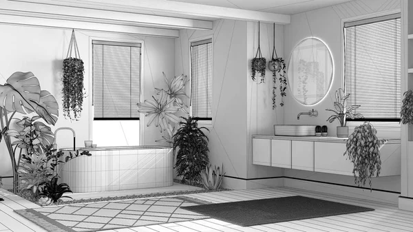 蓝图未完成的项目草稿 现代木制浴室与浴缸和洗脸盆 软糖和地毯 生物嗜好的概念 许多家庭植物 城市丛林室内设计 — 图库照片