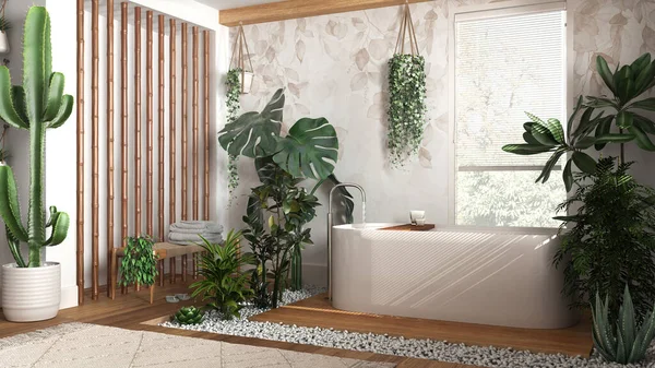 Modern ahşap banyo, beyaz ve bej tonlarda, serbest küvet ve bambu duvarlı. Biyofilik konsept, birçok ev bitkisi. Kentsel orman iç tasarımı