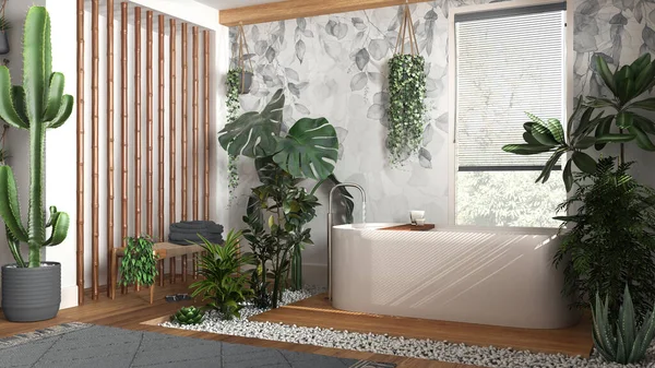 Serbest küvet ve bambu duvarlı, beyaz ve gri tonlarda modern ahşap banyo. Biyofilik konsept, birçok ev bitkisi. Kentsel orman iç tasarımı