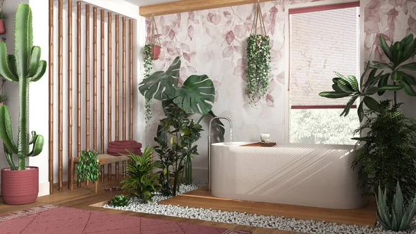 Modern ahşap banyo, beyaz ve kırmızı tonlarda, serbest küvet ve bambu duvarlı. Biyofilik konsept, birçok ev bitkisi. Kentsel orman iç tasarımı