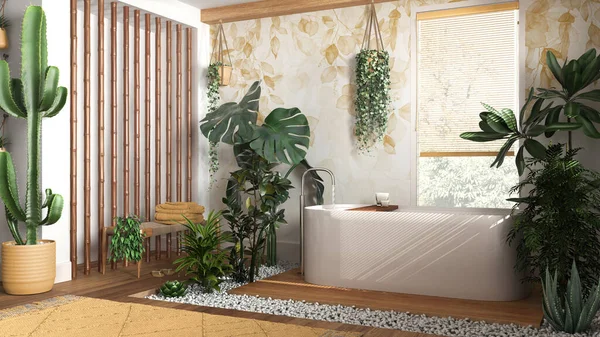 Moderní Dřevěná Koupelna Bílých Žlutých Tónech Volně Stojící Vanou Bambusovou — Stock fotografie