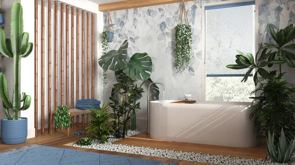 Serbest küvet ve bambu duvarlı, beyaz ve mavi tonlarda modern ahşap banyo. Biyofilik konsept, birçok ev bitkisi. Kentsel orman iç tasarımı