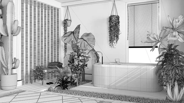 未完成の青写真プロジェクトの草案は 自立浴槽と竹の壁と近代的な木製のバスルーム 好気性の概念は 多くの観葉植物 都会のジャングルインテリアデザイン — ストック写真