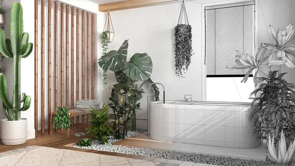 Architect interior designer concept: hand-drawn draft unfinished project that becomes real, bathroom with bathtub. Biophilic concept, many houseplants. Urban jungle style
