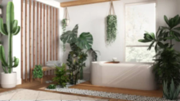 模糊的背景 现代木制浴室与独立的浴缸和竹墙 生物嗜好的概念 许多家庭植物 城市丛林室内设计 — 图库照片