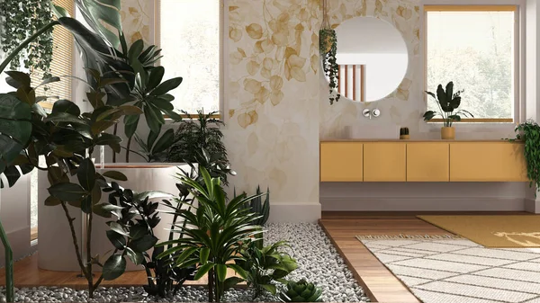 Biyofili iç tasarımı, beyaz ve sarı tonlarda ahşap banyo ve birçok ev bitkisi. Serbest banyo küveti ve lavabo. Şehir ormanı fikri