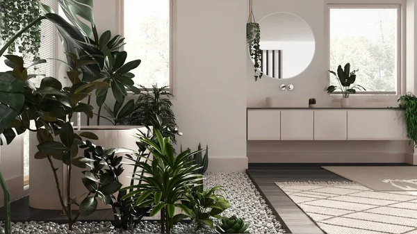 Biophilia interior design, dark wooden bathroom in white and beige tones with many houseplants. Freestanding bathtub and washbasin. Urban jungle concept idea